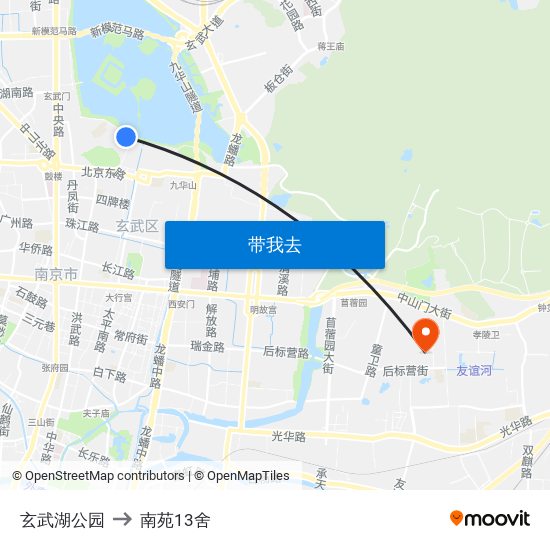 玄武湖公园 to 南苑13舍 map