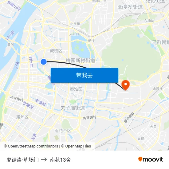 虎踞路·草场门 to 南苑13舍 map