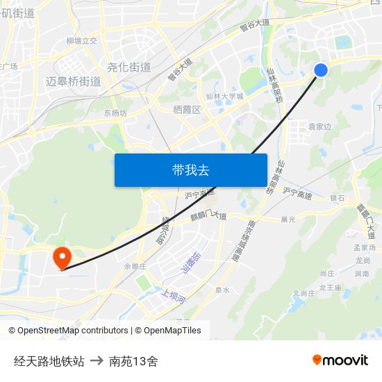 经天路地铁站 to 南苑13舍 map