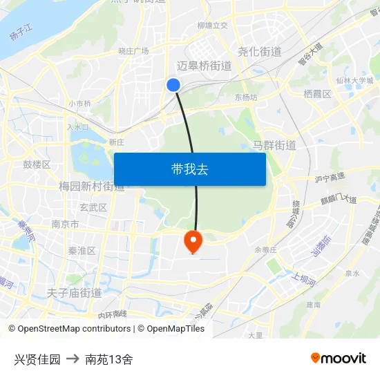 兴贤佳园 to 南苑13舍 map