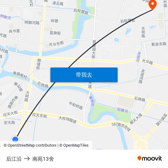 后江沿 to 南苑13舍 map