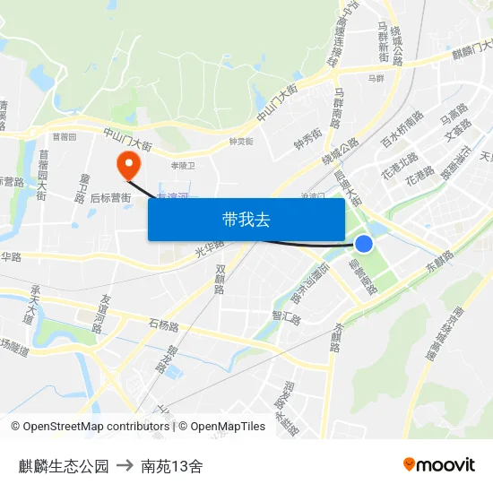 麒麟生态公园 to 南苑13舍 map