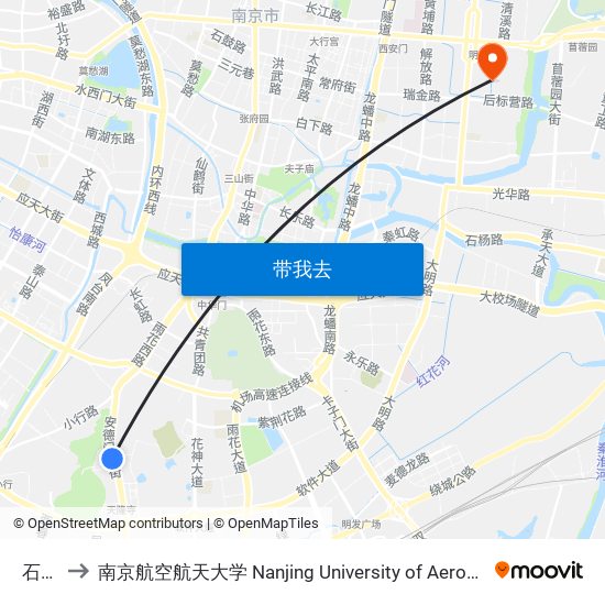 石子岗 to 南京航空航天大学 Nanjing University of Aeronautics and Astronautics map