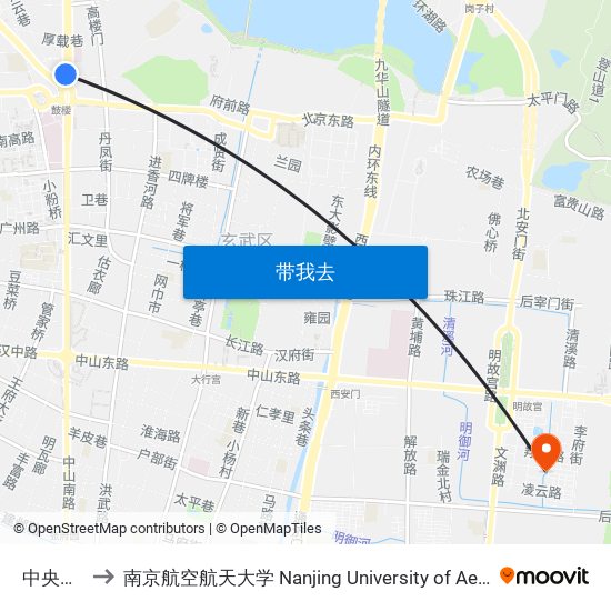 中央路·鼓楼 to 南京航空航天大学 Nanjing University of Aeronautics and Astronautics map