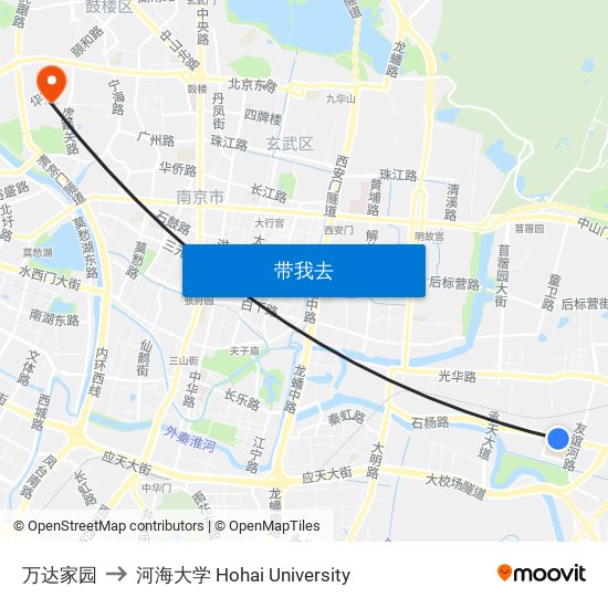 万达家园 to 河海大学 Hohai University map