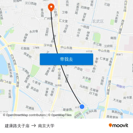 建康路夫子庙 to 南京大学 map