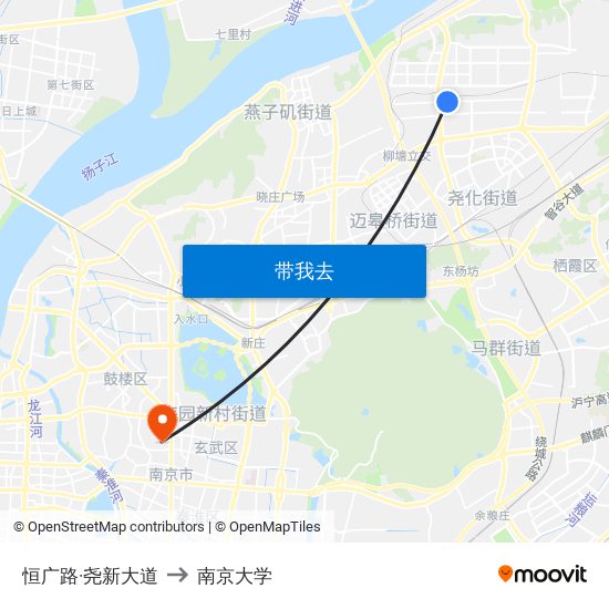 恒广路·尧新大道 to 南京大学 map