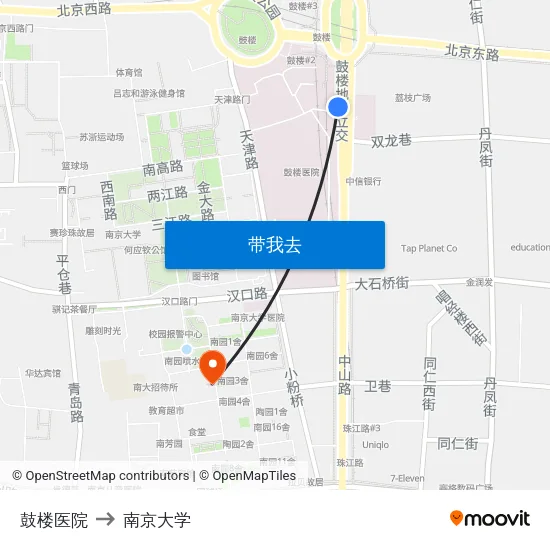 鼓楼医院 to 南京大学 map