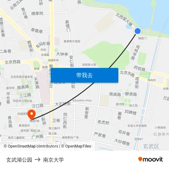 玄武湖公园 to 南京大学 map