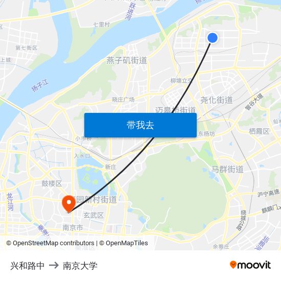 兴和路中 to 南京大学 map