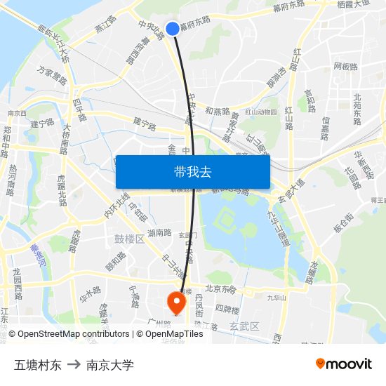 五塘村东 to 南京大学 map