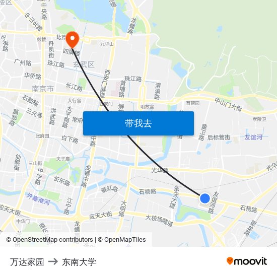 万达家园 to 东南大学 map