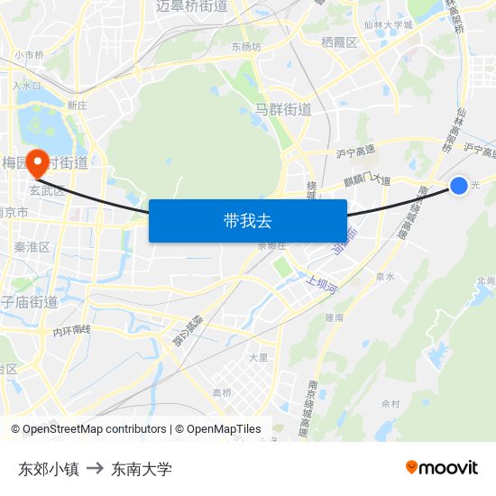 东郊小镇 to 东南大学 map