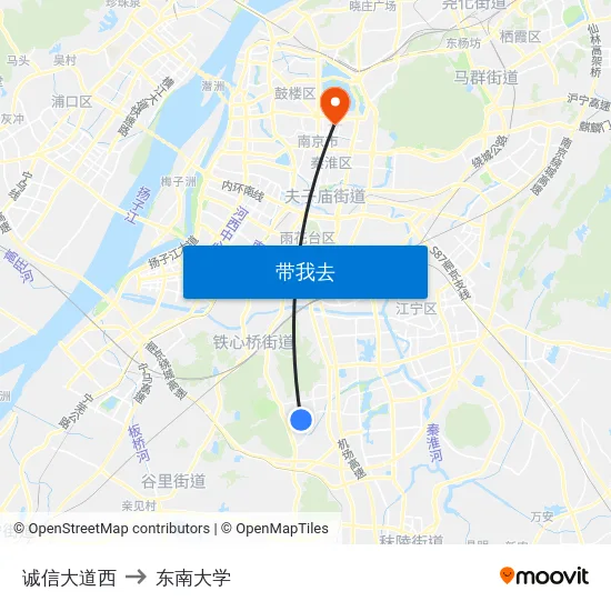诚信大道西 to 东南大学 map