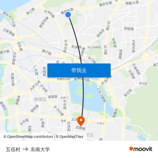 五佰村 to 东南大学 map