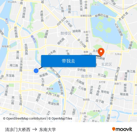 清凉门大桥西 to 东南大学 map