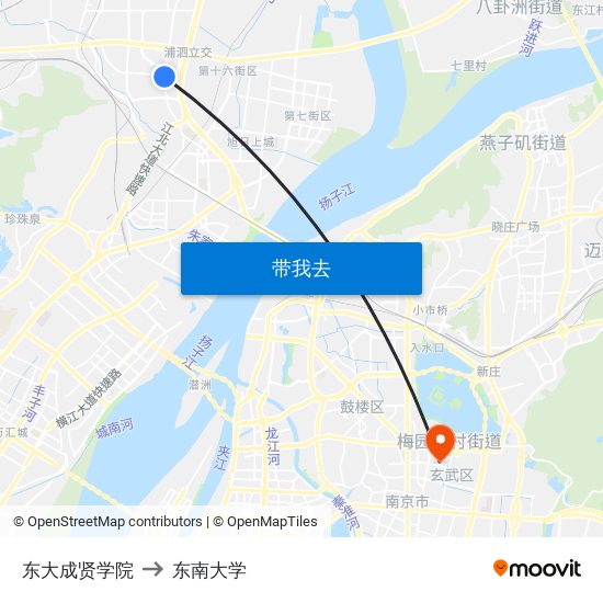 东大成贤学院 to 东南大学 map