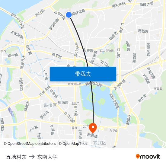 五塘村东 to 东南大学 map