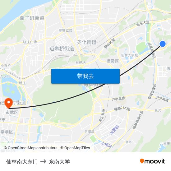 仙林南大东门 to 东南大学 map