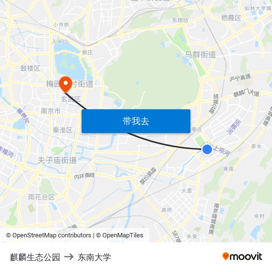 麒麟生态公园 to 东南大学 map