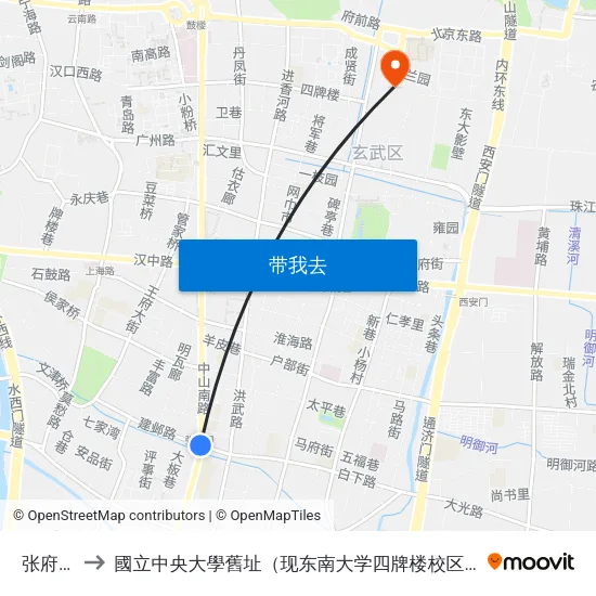 张府园 to 國立中央大學舊址（现东南大学四牌楼校区） map