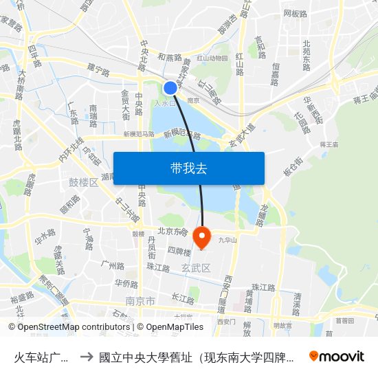 火车站广场西 to 國立中央大學舊址（现东南大学四牌楼校区） map