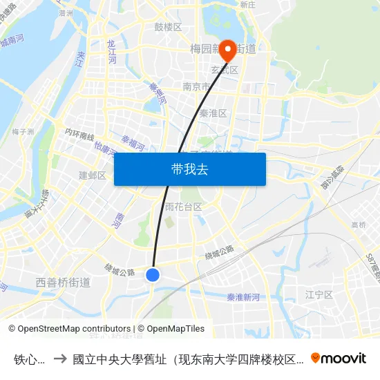 铁心桥 to 國立中央大學舊址（现东南大学四牌楼校区） map