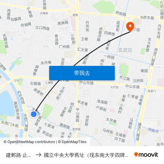 建邺路·止马营 to 國立中央大學舊址（现东南大学四牌楼校区） map