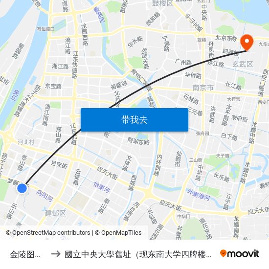 金陵图书馆 to 國立中央大學舊址（现东南大学四牌楼校区） map