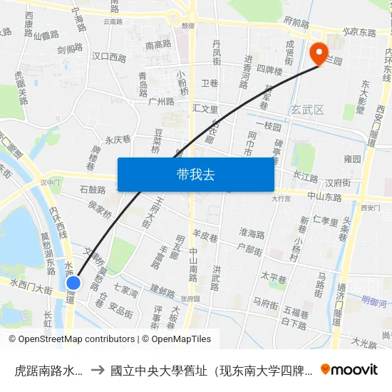 虎踞南路水西门 to 國立中央大學舊址（现东南大学四牌楼校区） map