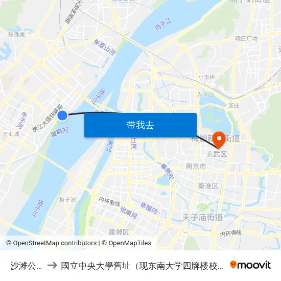 沙滩公园 to 國立中央大學舊址（现东南大学四牌楼校区） map
