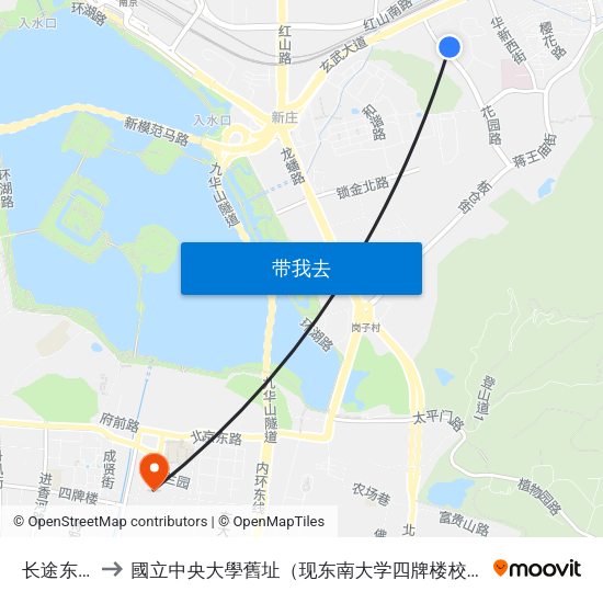 长途东站 to 國立中央大學舊址（现东南大学四牌楼校区） map