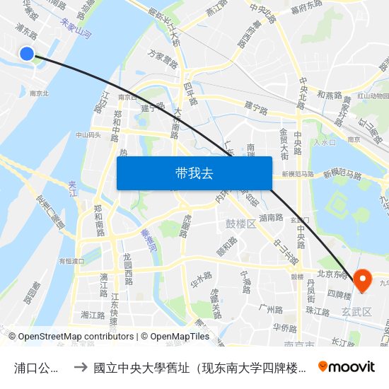 浦口公园西 to 國立中央大學舊址（现东南大学四牌楼校区） map