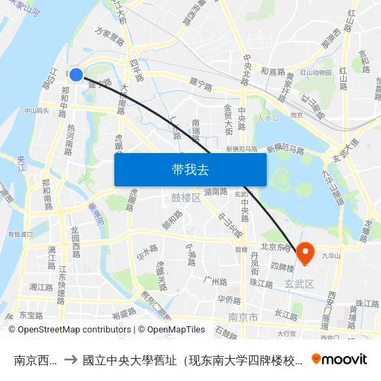 南京西站 to 國立中央大學舊址（现东南大学四牌楼校区） map
