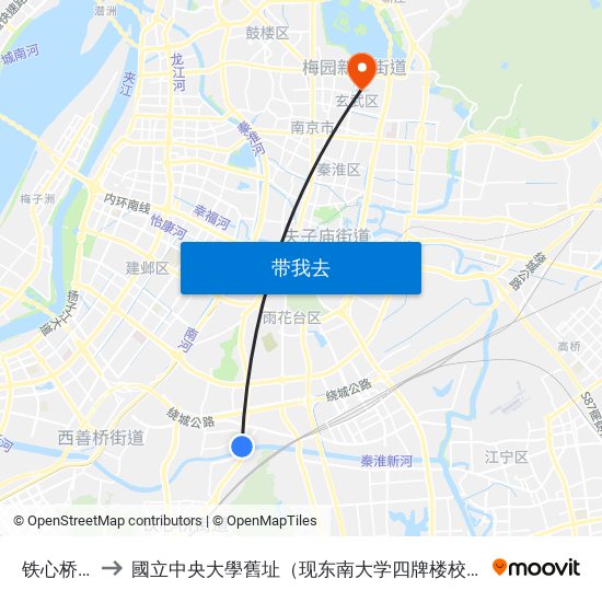 铁心桥南 to 國立中央大學舊址（现东南大学四牌楼校区） map