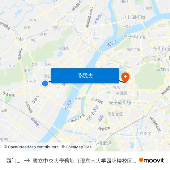 西门桥 to 國立中央大學舊址（现东南大学四牌楼校区） map