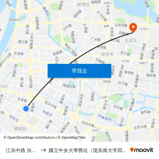 江东中路·兴隆大街 to 國立中央大學舊址（现东南大学四牌楼校区） map