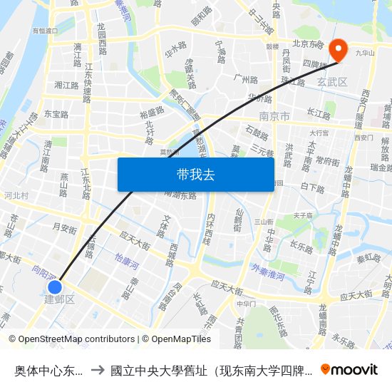 奥体中心东门北 to 國立中央大學舊址（现东南大学四牌楼校区） map