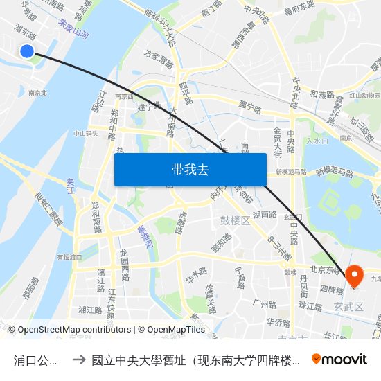 浦口公园西 to 國立中央大學舊址（现东南大学四牌楼校区） map