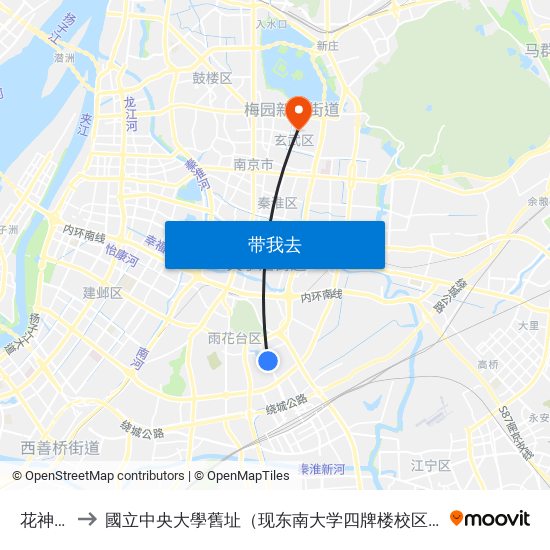 花神湖 to 國立中央大學舊址（现东南大学四牌楼校区） map