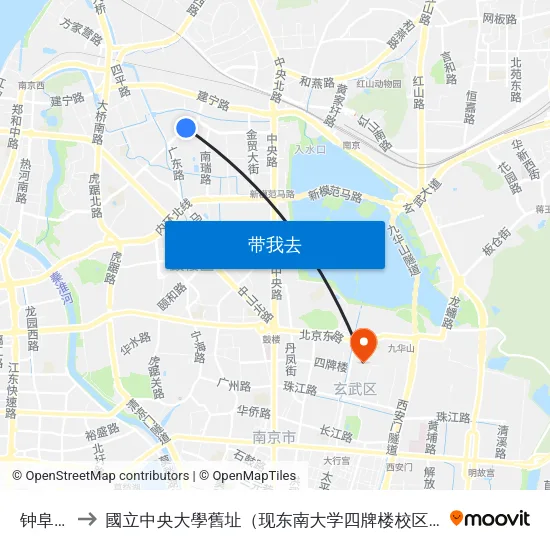 钟阜路 to 國立中央大學舊址（现东南大学四牌楼校区） map