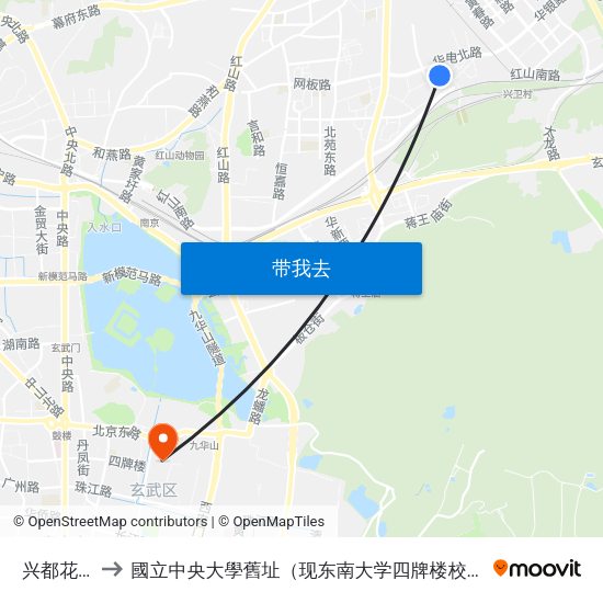 兴都花园 to 國立中央大學舊址（现东南大学四牌楼校区） map