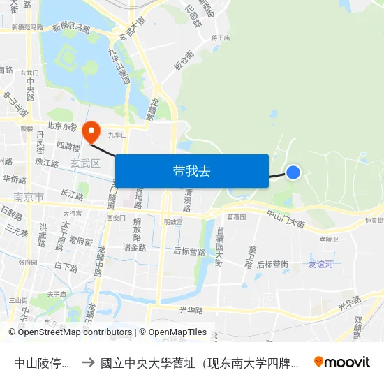 中山陵停车场 to 國立中央大學舊址（现东南大学四牌楼校区） map