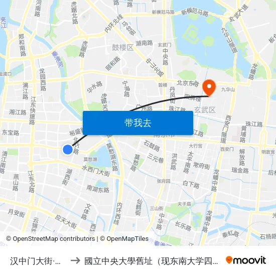 汉中门大街·嫩江路 to 國立中央大學舊址（现东南大学四牌楼校区） map