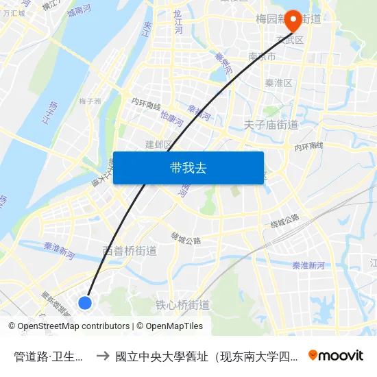 管道路·卫生服务站 to 國立中央大學舊址（现东南大学四牌楼校区） map