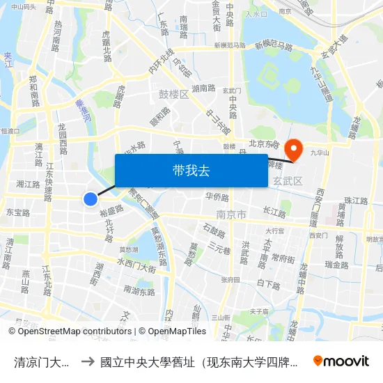 清凉门大桥西 to 國立中央大學舊址（现东南大学四牌楼校区） map