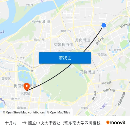 十月村东 to 國立中央大學舊址（现东南大学四牌楼校区） map