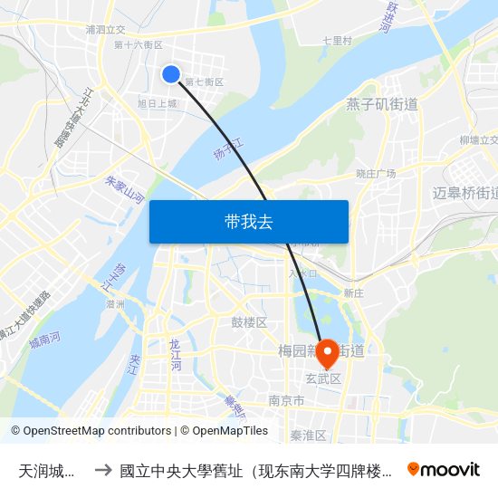 天润城总站 to 國立中央大學舊址（现东南大学四牌楼校区） map