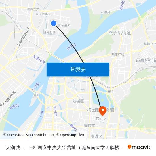 天润城总站 to 國立中央大學舊址（现东南大学四牌楼校区） map