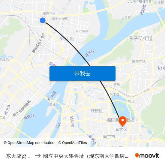 东大成贤学院 to 國立中央大學舊址（现东南大学四牌楼校区） map